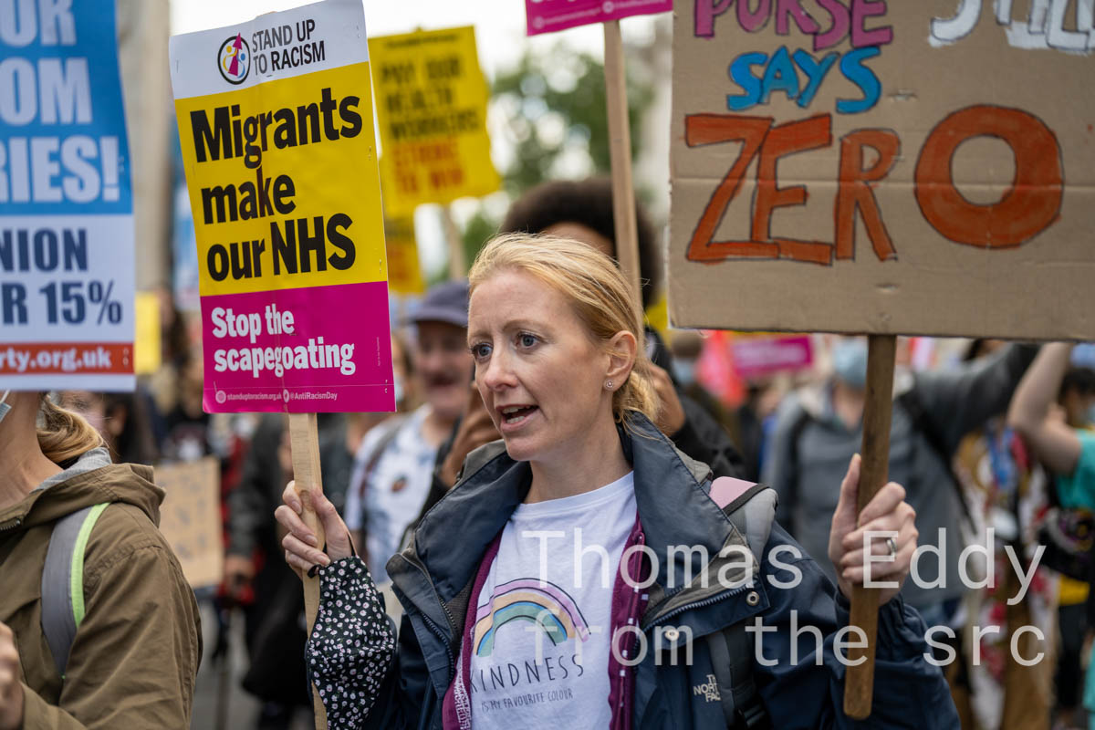 NHS "No to 3%" pay protest marching from Waterloo Bridge to Downing Street, London